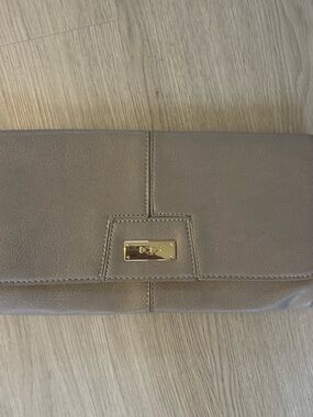 BCBG Taupe Fold-Over Clutch with Gold Plaque